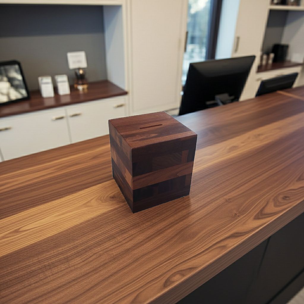 Spardose in Massivholz Nussbaum Sparkasse Spendenbox Trinkgeldkasse für Wohnzimmer, Empfang, Rezeption, Hotel und Büro