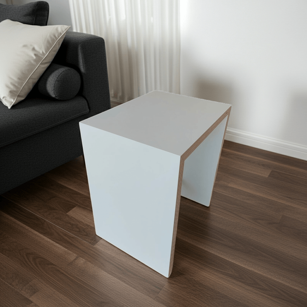 Holz Hocker modern Beistelltisch Nachttisch weiß mit Multiplex Kante in Birke - Moderne Einrichtung für Wohnen, Büro und Arztpraxis