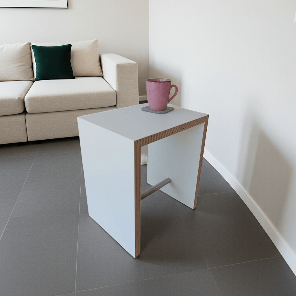 Sitzhocker weiß minimalistisch Holz - Beistelltisch, Nachttisch und Couchtisch mit Multiplex Kante - Moderne Einrichtung für Wohnzimmer, Büro, Lounge, New Work