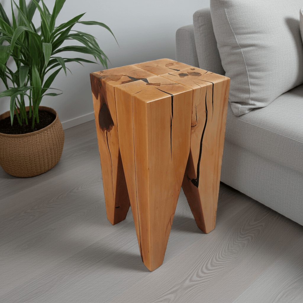 Rustikaler Beistelltisch Holz - Massiver Sitzhocker in Birne - Wohnzimmer einrichten