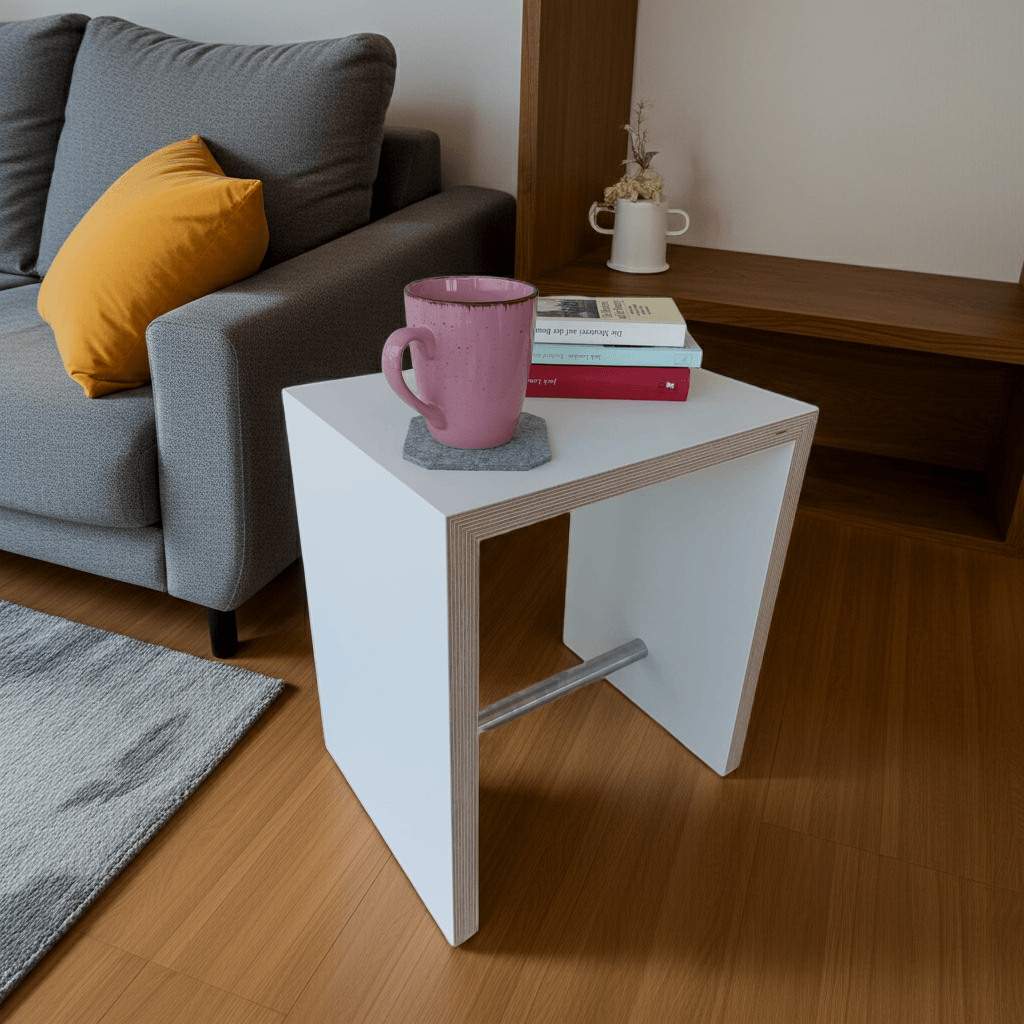 moderner Hocker weiß Multiplex Kante Beistelltisch Nachttisch Sitzhocker Coffeetable - Designer Einrichtung für Wohnzimmer, Schlafzimmer, Büro und Praxis