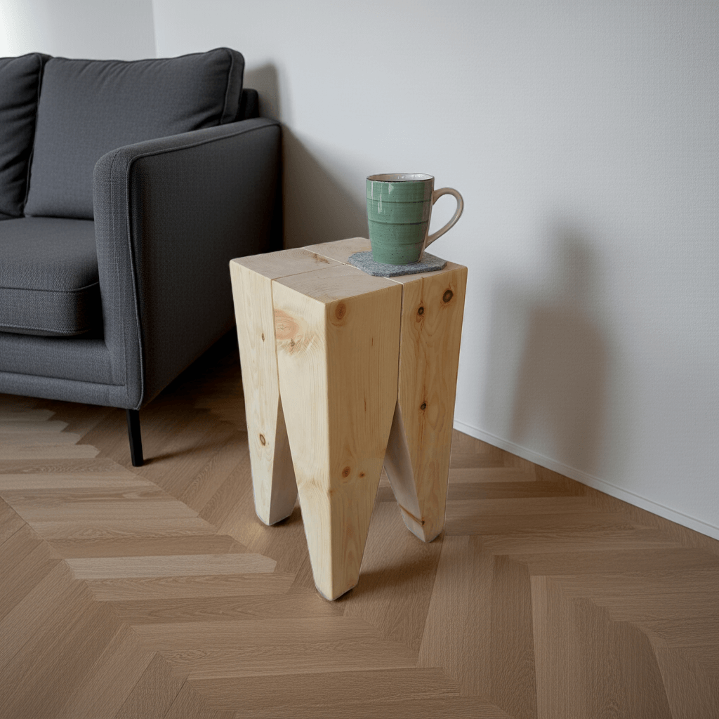 Rustikaler Hocker Zirbe Massivholz - Handgefertigter Beistelltisch in Zahnhocker Design