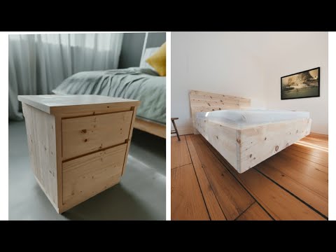 Schwebendes Zirbenbett - Schlafzimmer Einrichtung Hocker Beistelltisch Nachttisch in Zirbenholz - echte Handwerkskunst 